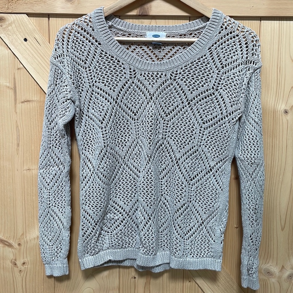 Old Navy Tan Long Sleeve Crochet Knit Sweater 100% Cotton | Small